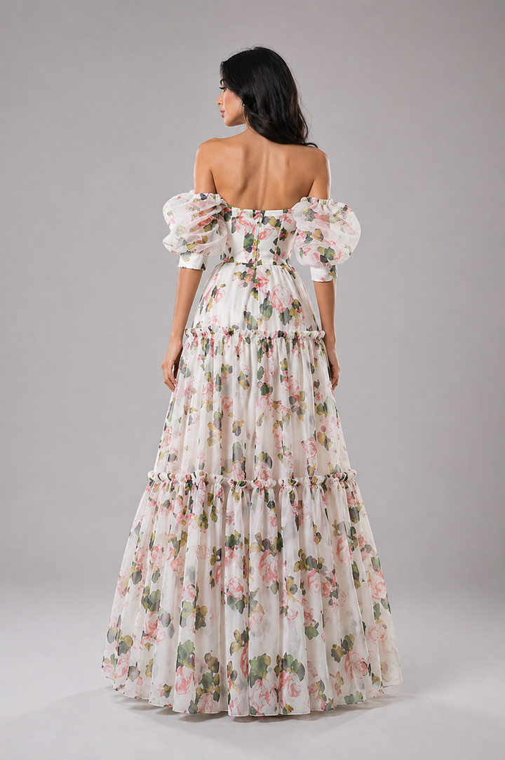 Off-Shoulder Floral Organza Maxi Dress - FLORÉA