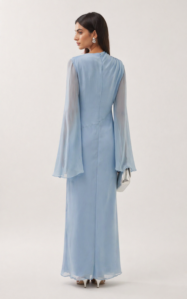 sheer sleeve column dress with draped neckline – SKY