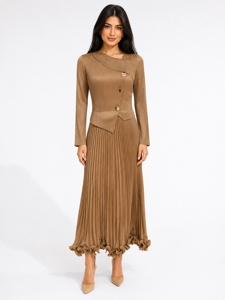 Pleated Button Detail Maxi Dress - Mocha