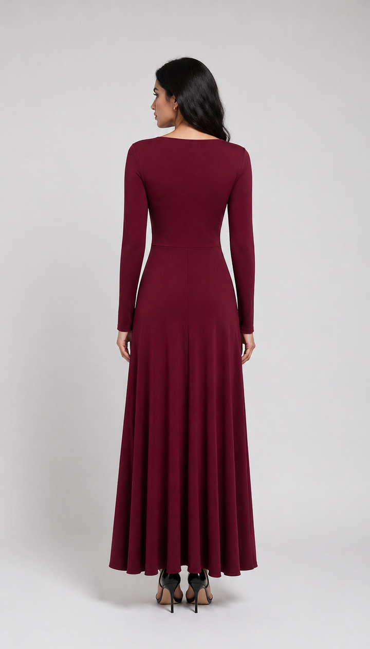 Burgundy Draped Knot Maxi Dress-VELORA
