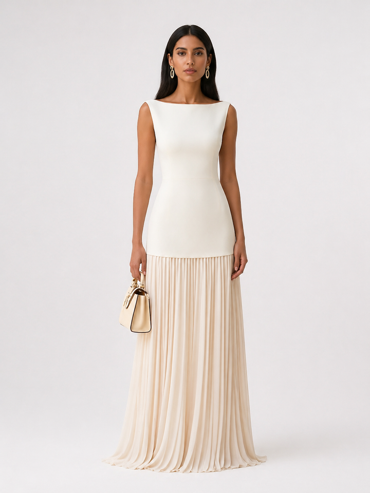 Ivory Pleated Hem Maxi Dress - CELÉNA