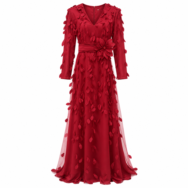 Red 3D Floral Embellished Waist Tie Maxi Dress – VALÉRA
