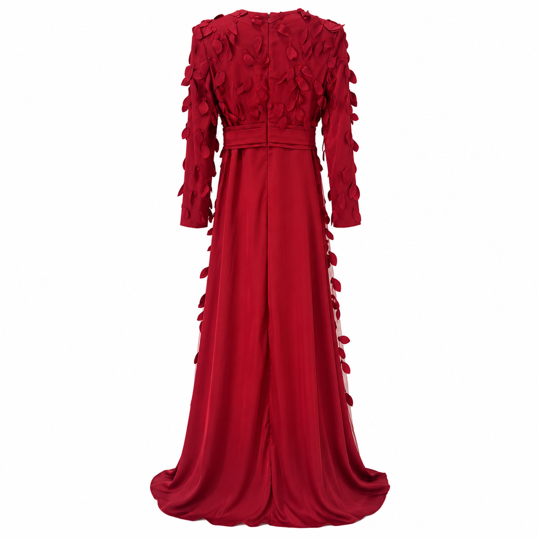Red 3D Floral Embellished Waist Tie Maxi Dress – VALÉRA
