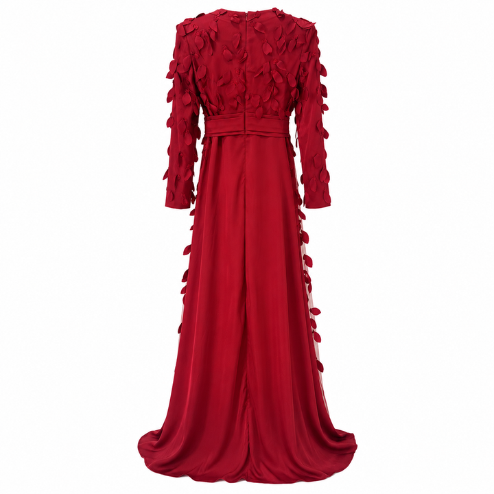 Red 3D Floral Embellished Waist Tie Maxi Dress – VALÉRA