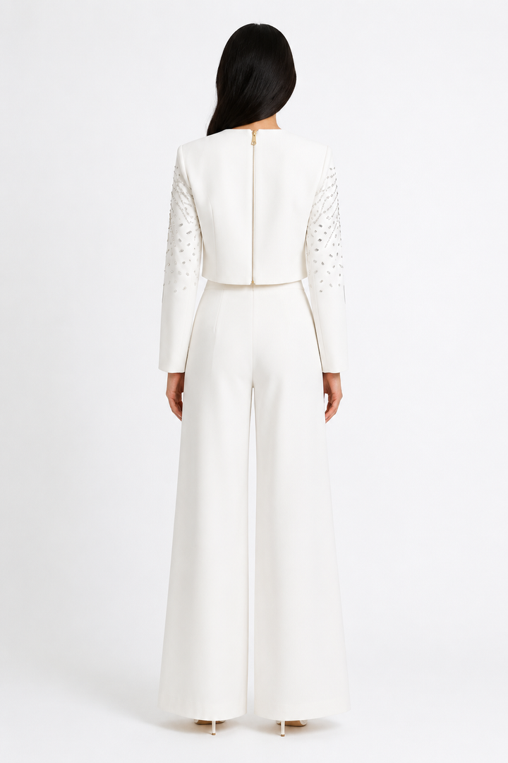 Black Crystal Embellished Crop Top & Wide-Leg Pants Set – LUXÉRA