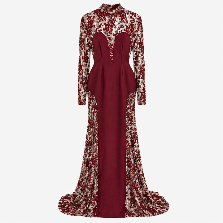 Red Lace Panel Mermaid Maxi Dress with High Neck - VELVORA