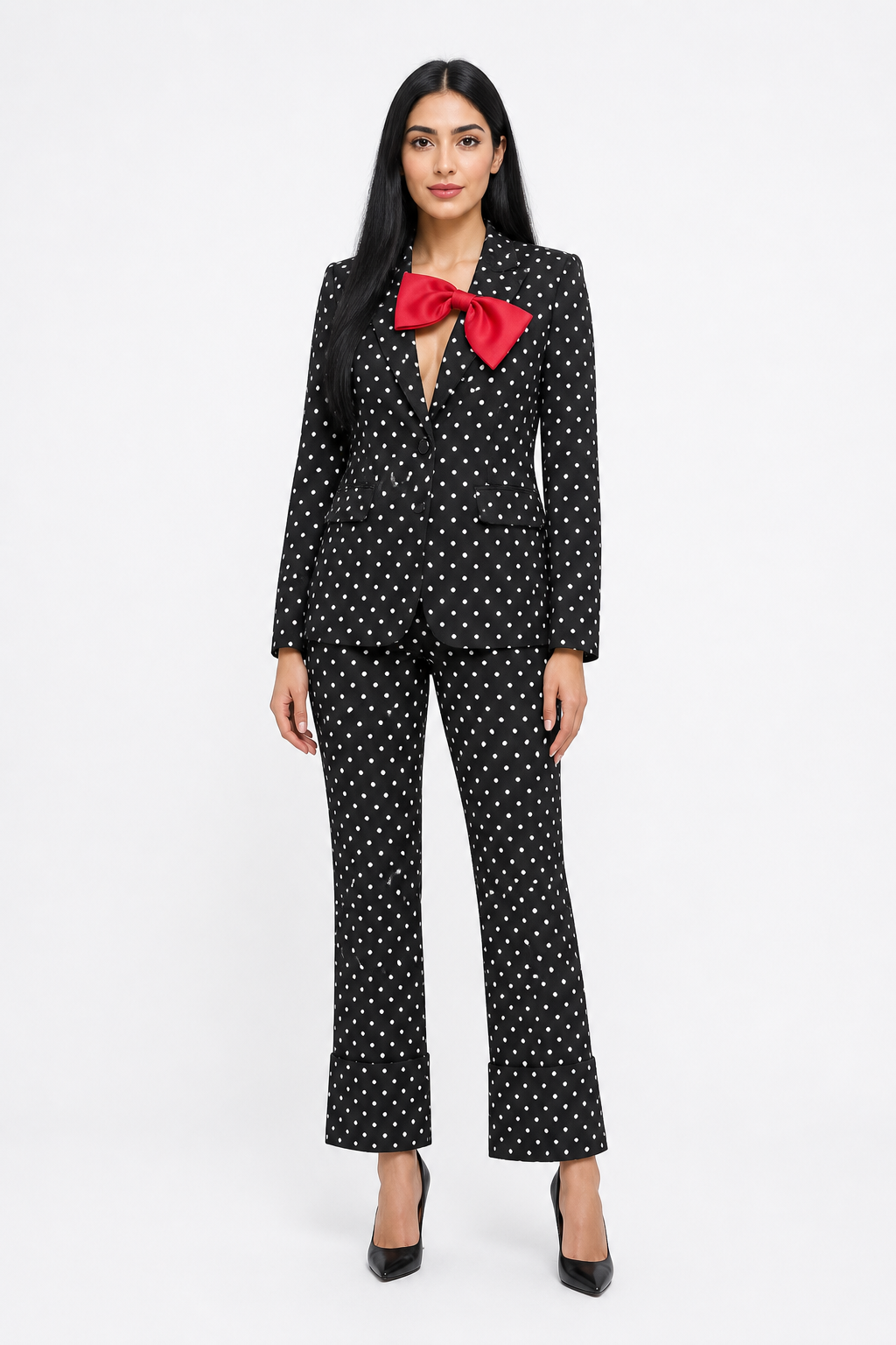 Black Polka Dot Blazer & Tailored Pants Set with Statement Bow – VÉLORA