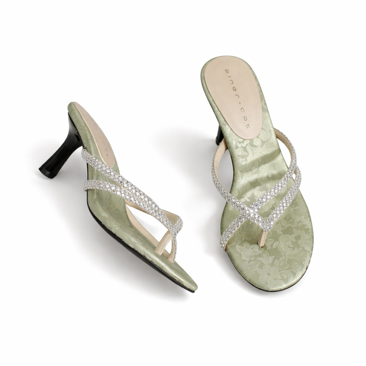rhinestone strap heeled sandals with jacquard base – SAGE