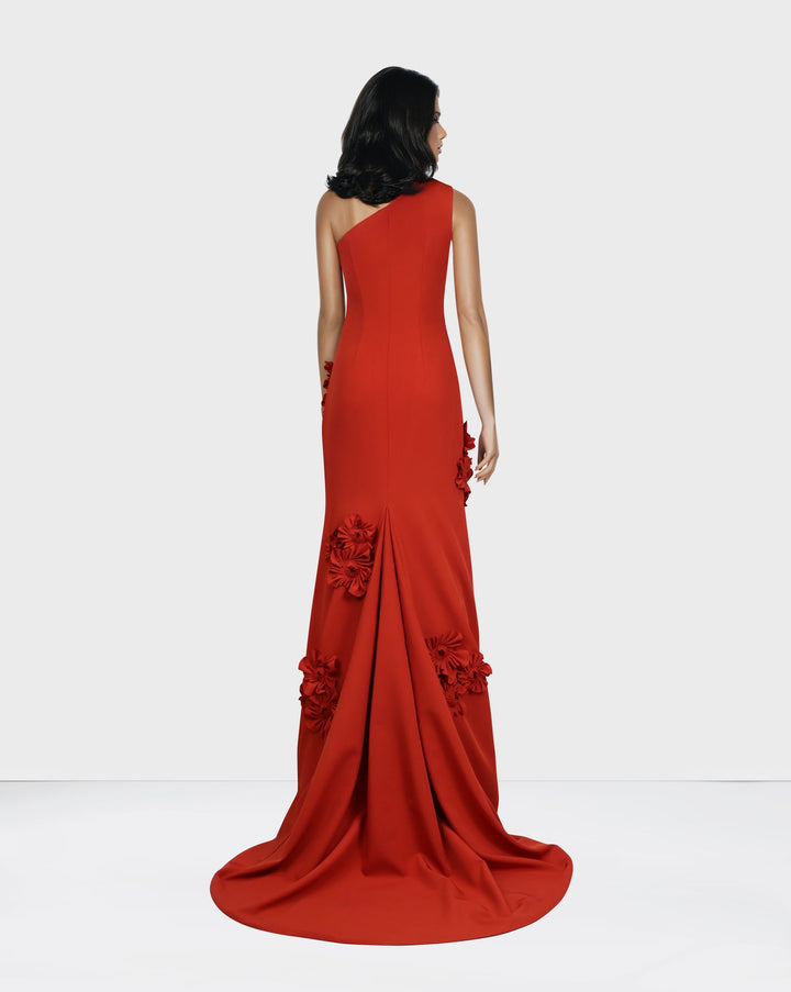 Shoulder off red dress with 3D flowers ODD-LOYAN