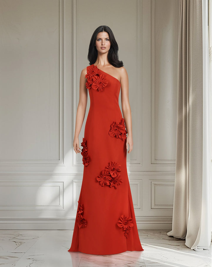 Shoulder off red dress with 3D flowers ODD-LOYAN