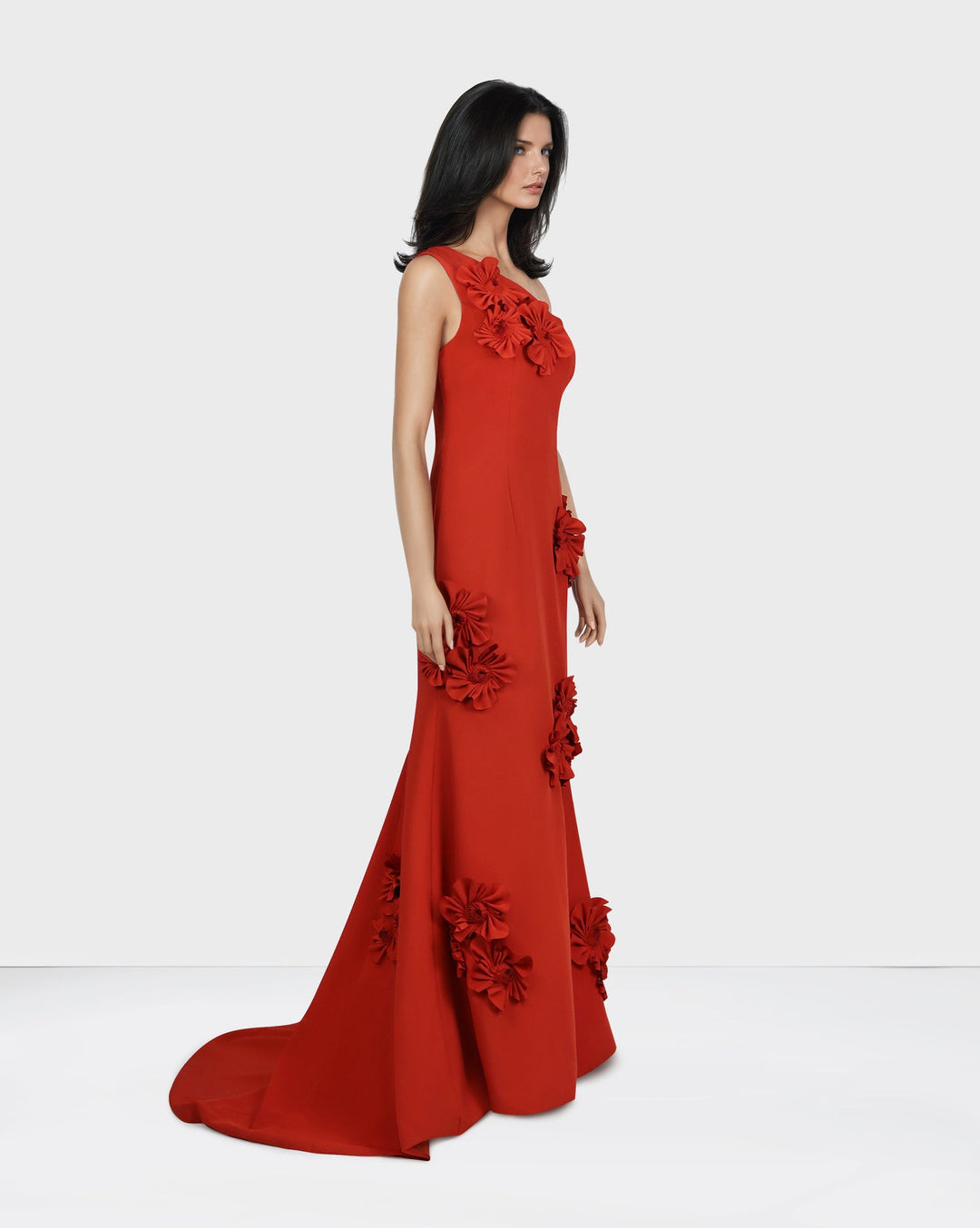 Shoulder off red dress with 3D flowers ODD-LOYAN