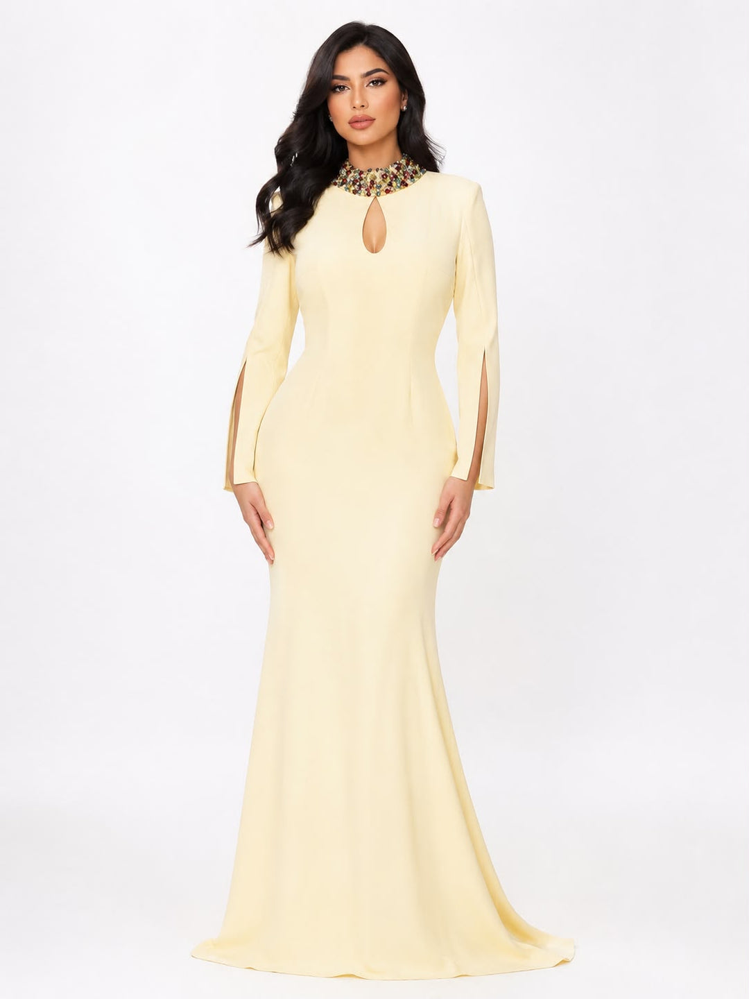 long-sleeve mermaid gown with beaded collar – VIOLETTA