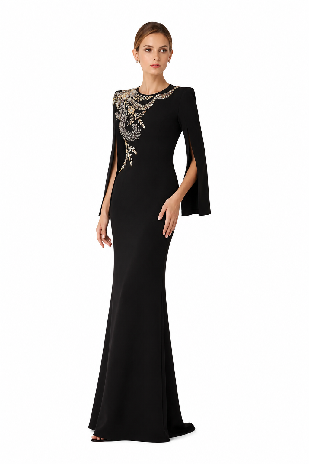 Embellished Long-Sleeve Maxi Dress with Sculpted Silhouette – IMPERIA