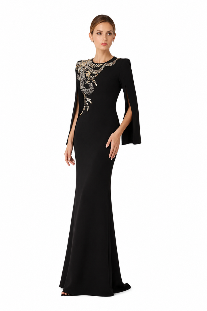 Embellished Long-Sleeve Maxi Dress with Sculpted Silhouette – IMPERIA