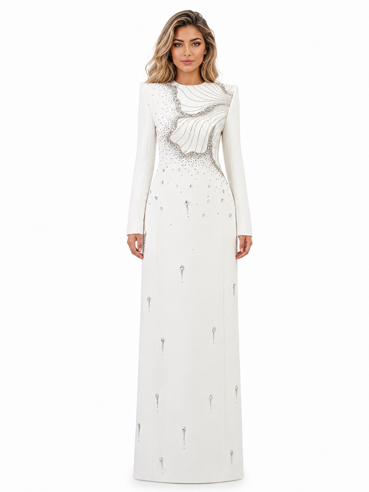 Long-Sleeve Column Dress with Embellished Floral Details - IVORY