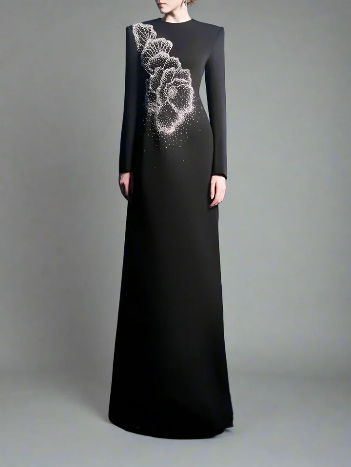 Long-Sleeve A-line Dress with Beaded Floral Accents - BLOSSOM