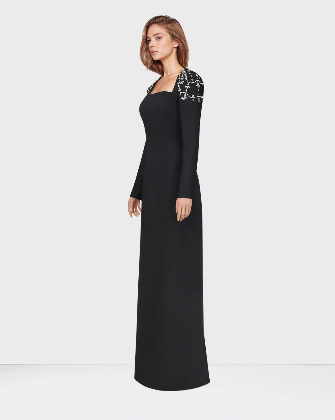 Black column dress with beaded shoulders and long sleeves ODD-Telqo
