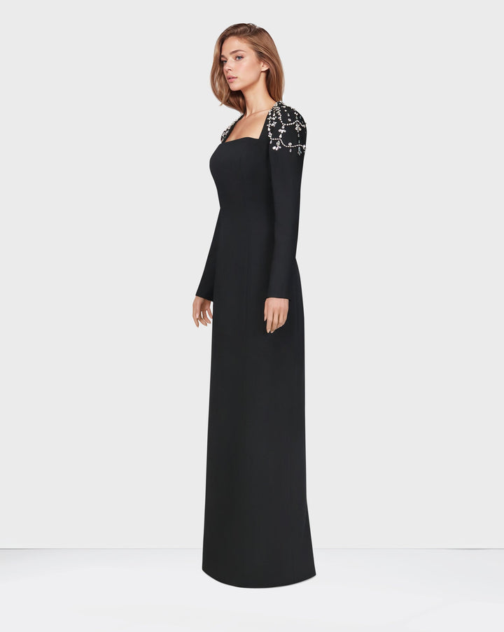 Black column dress with beaded shoulders and long sleeves ODD-Telqo