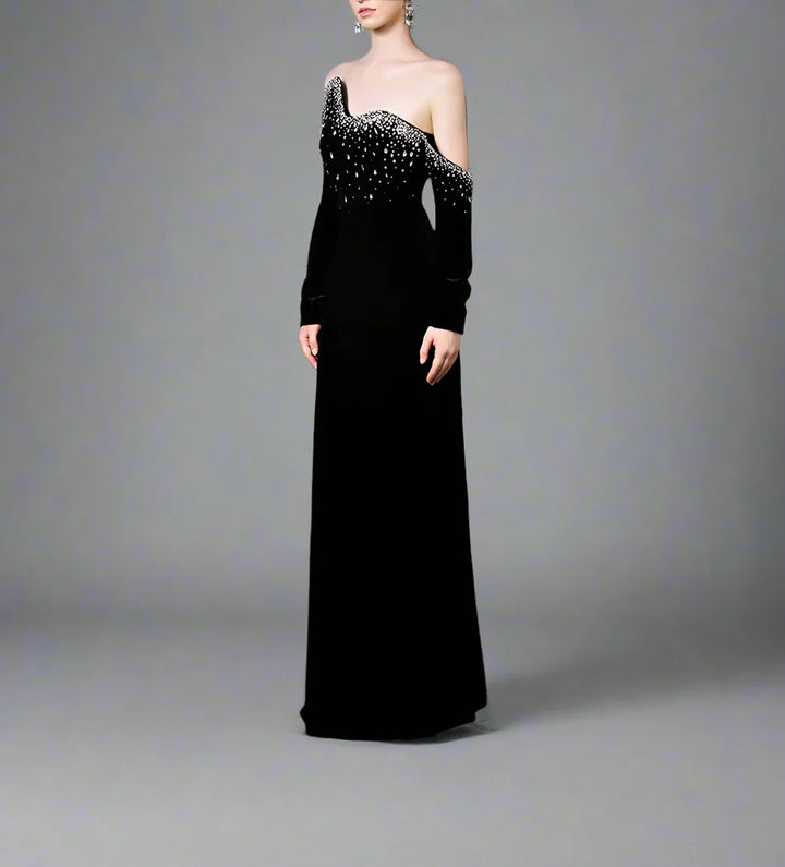Long-Sleeve Column Dress with Crystal Embellishments - Marilyn