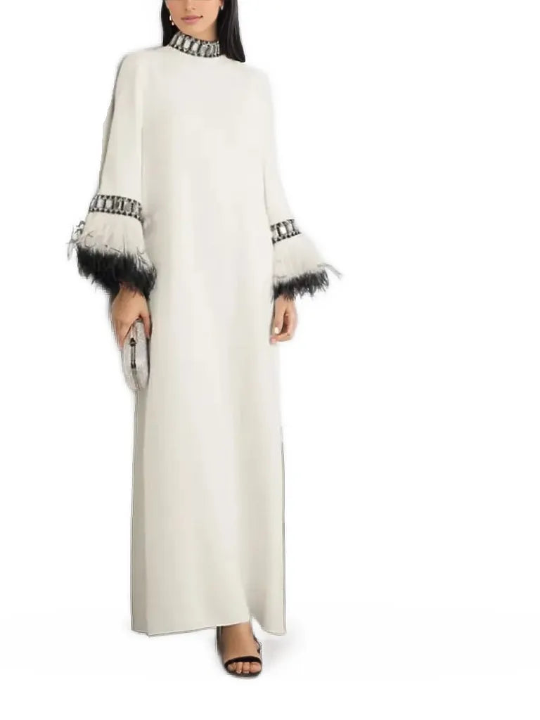 Feather-cuff kaftan gown with embellished collar – Zelphia
