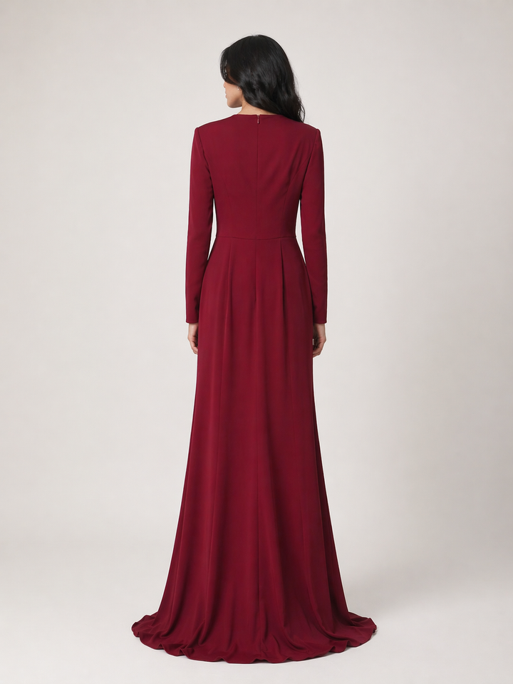 Red Ruched Mermaid Maxi Dress with Deep V Neck - RUBELLA