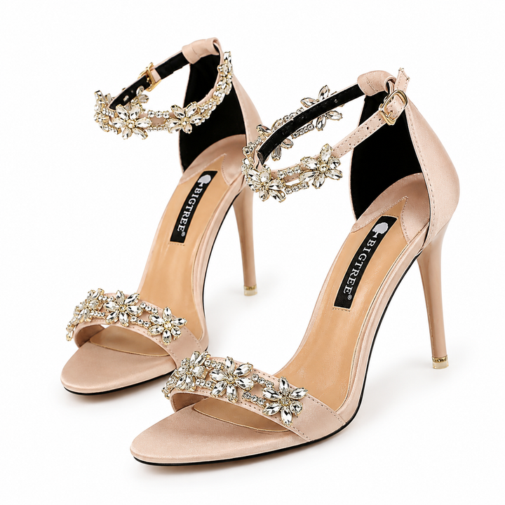 Crystal Embellished Satin Stiletto Sandals – SILVÉRA