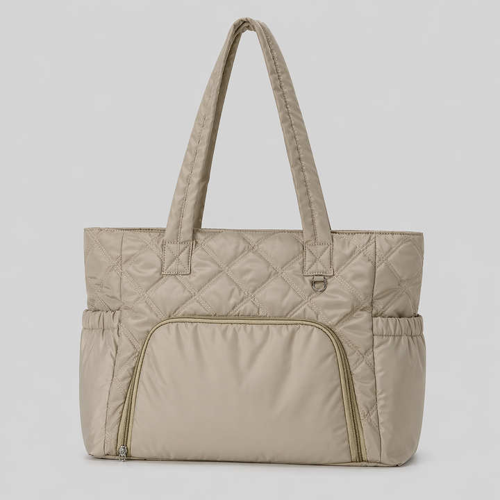Beige Quilted Nylon Tote Bag with Front Zipper Pocket - VELORA