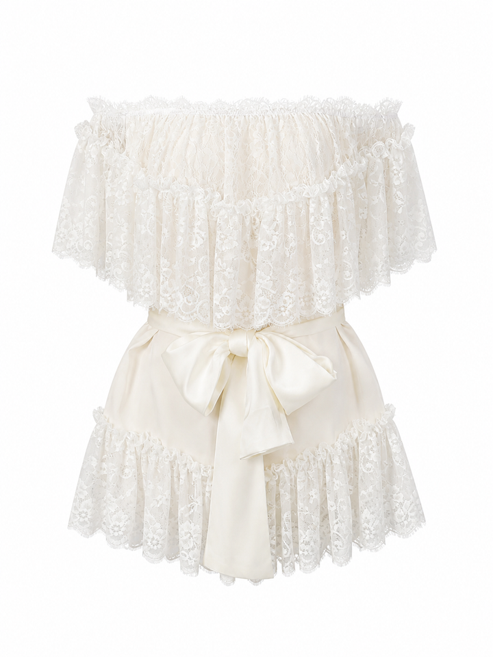 Ivory Lace Off-Shoulder Ruffle Mini Dress – LUNARA