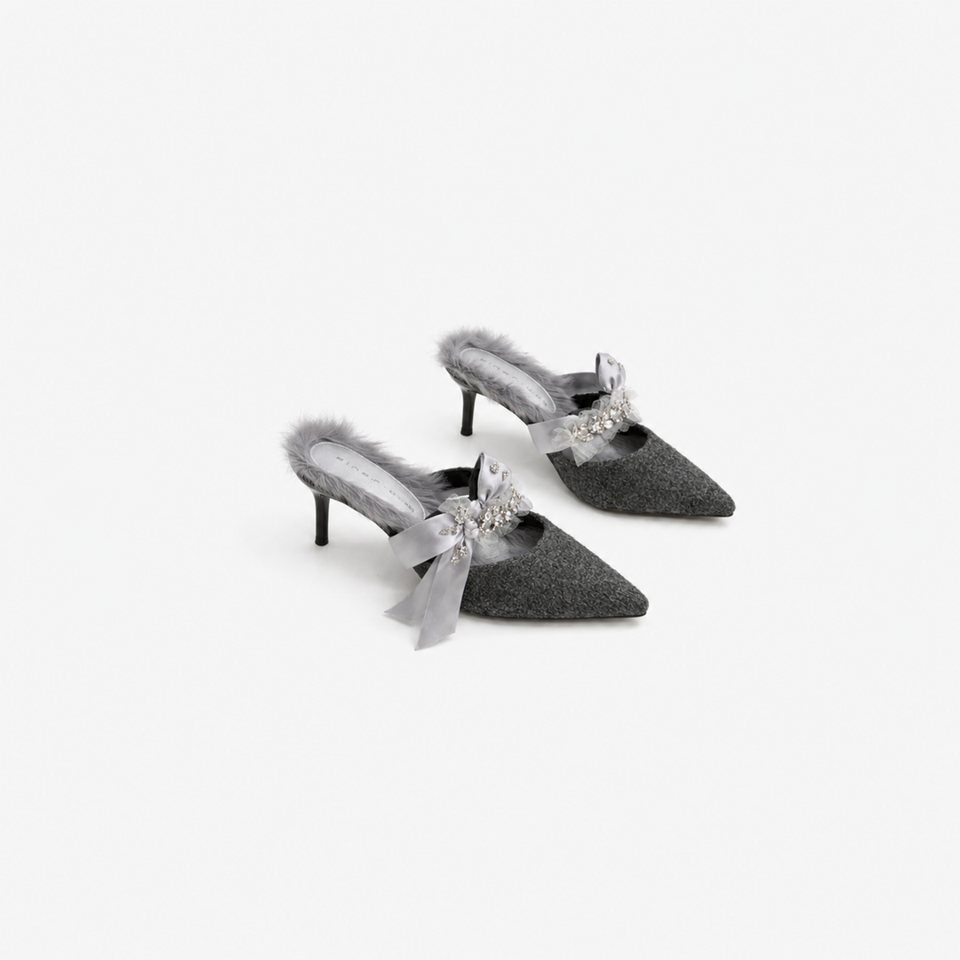 pointed toe mule heels with embellished bow and fur trim – TAUPE