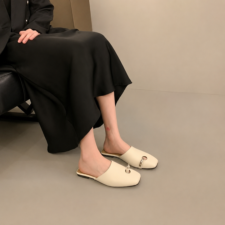 tan leather mules with silver ring detail – CELENA