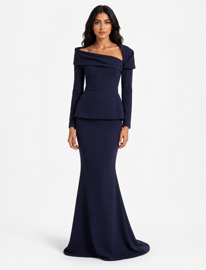 off-shoulder draped gown with peplum waist – SERENL