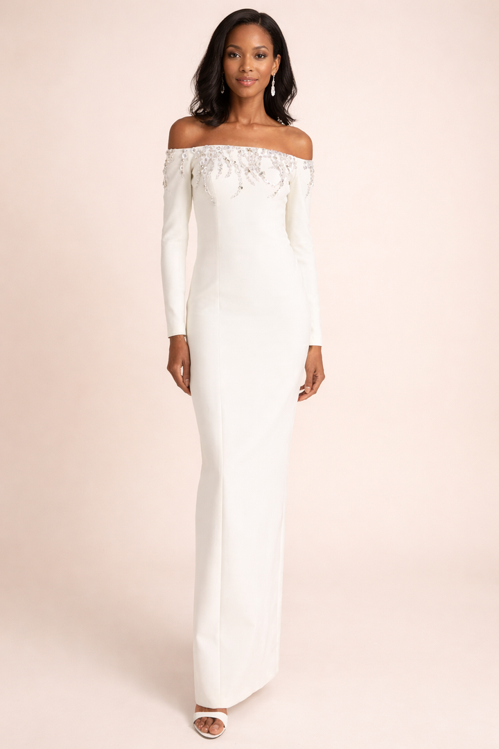 off-shoulder column gown with crystal embellished neckline – ALTHEA