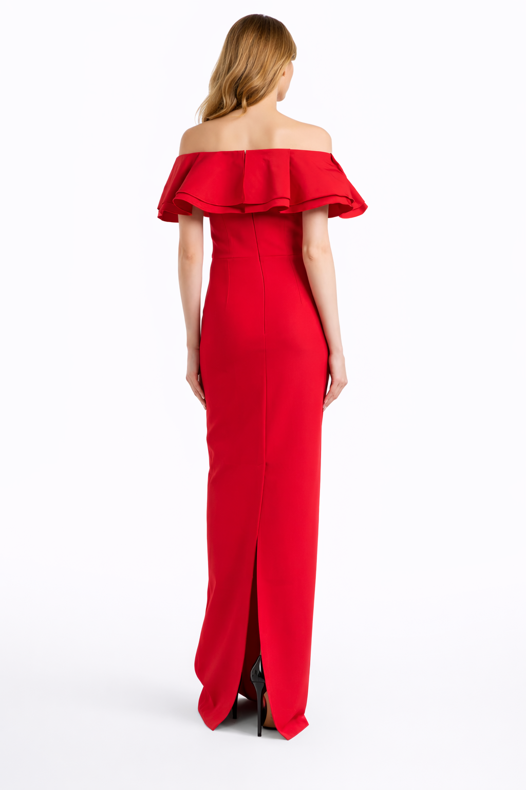 off-shoulder column gown with layered ruffle neckline – SCARLETA