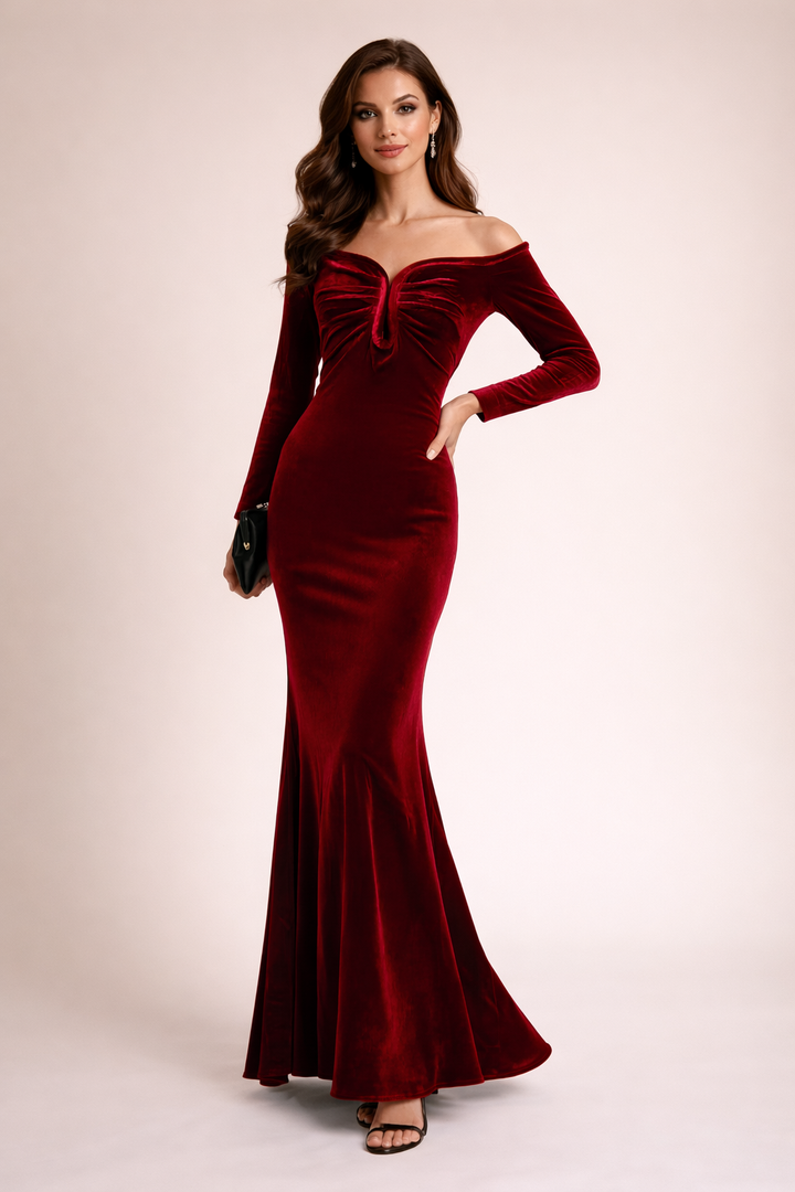 off-shoulder velvet mermaid gown with ruched neckline – HUSSEIN