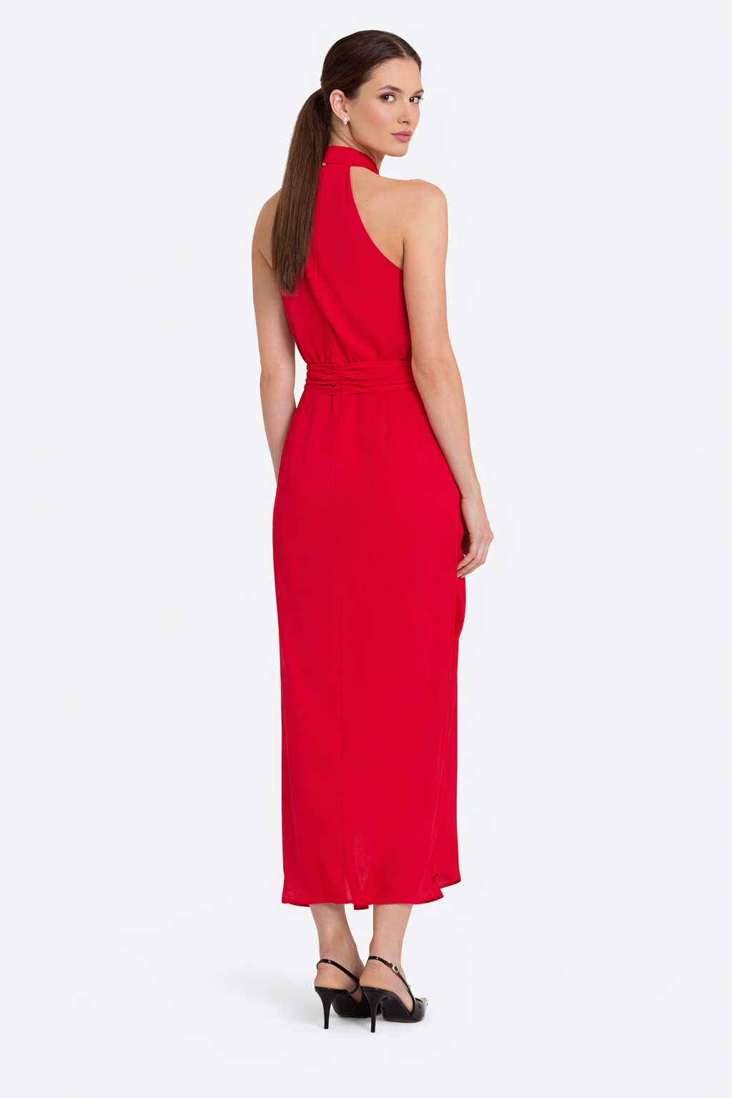 halter draped midi dress with waist tie – SAEDO