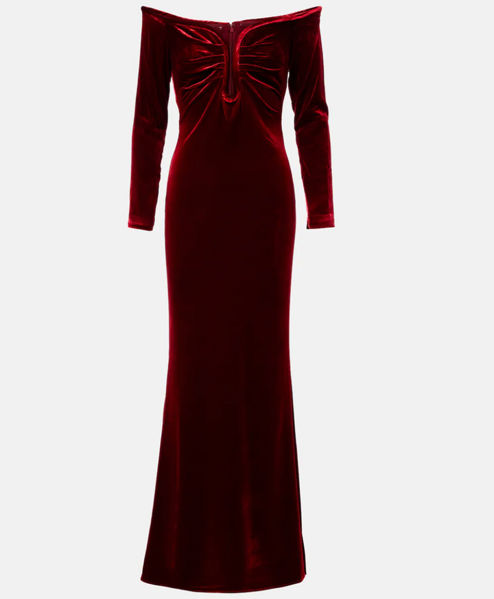 off-shoulder velvet mermaid gown with ruched neckline – HUSSEIN