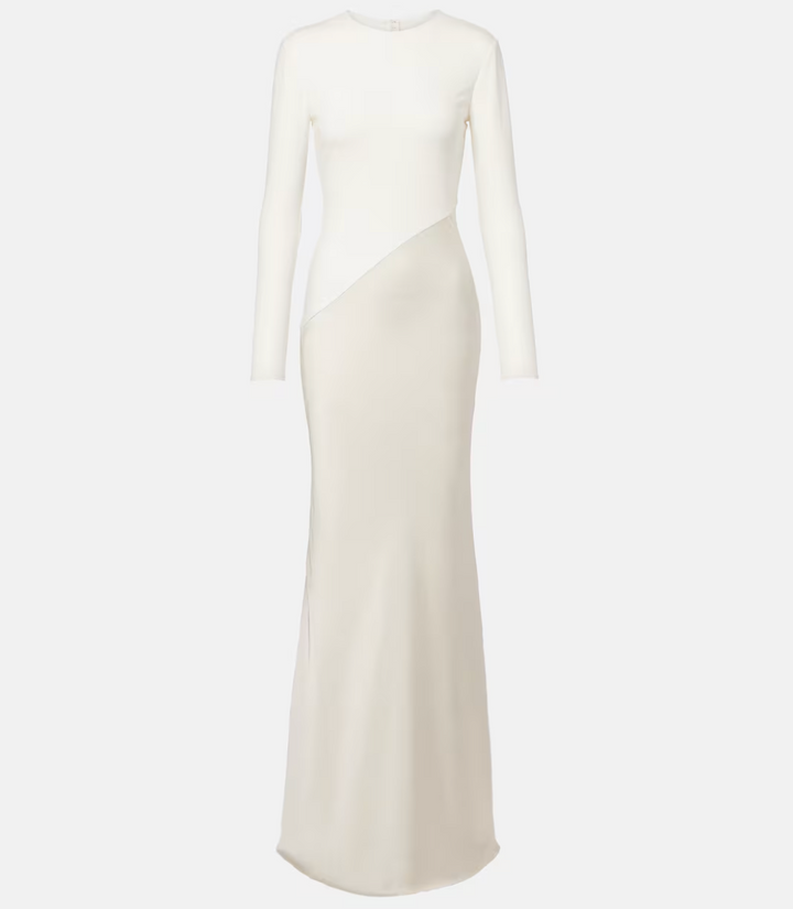 long-sleeve draped mermaid dress with asymmetric waist – LUMINA