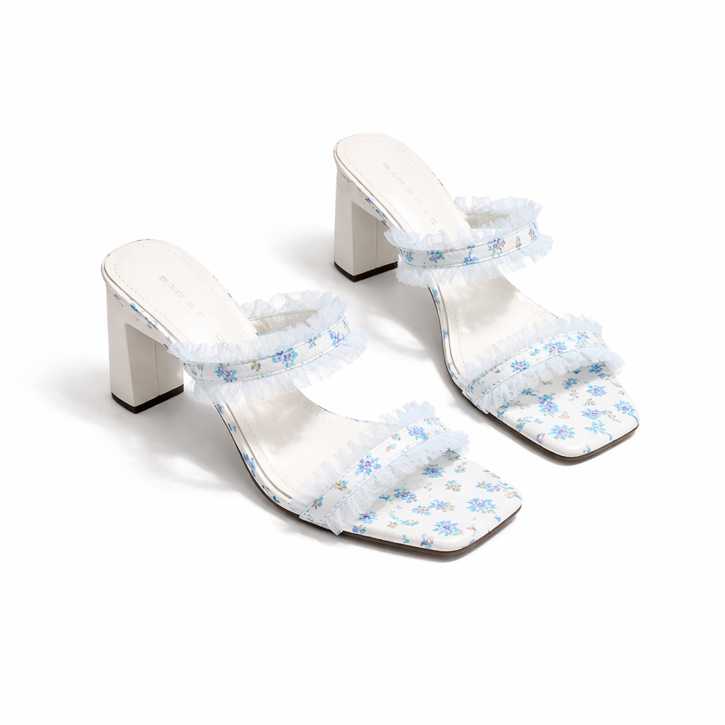 floral printed heeled sandal with ruffle trim – BLOSSOM
