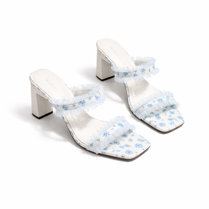 floral printed heeled sandal with ruffle trim – BLOSSOM