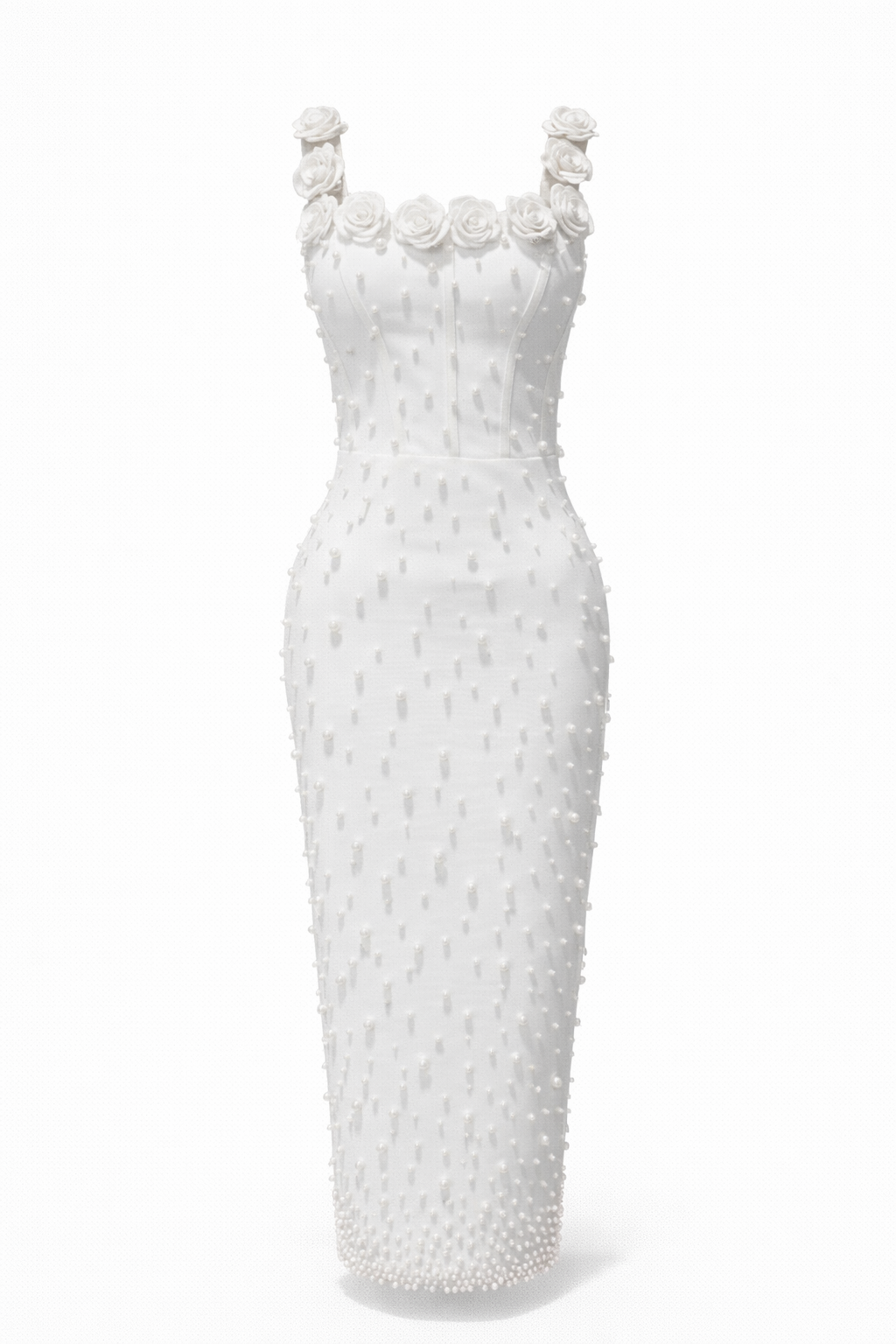 sleeveless fitted midi dress with pearl embellishments and floral straps – PEARL