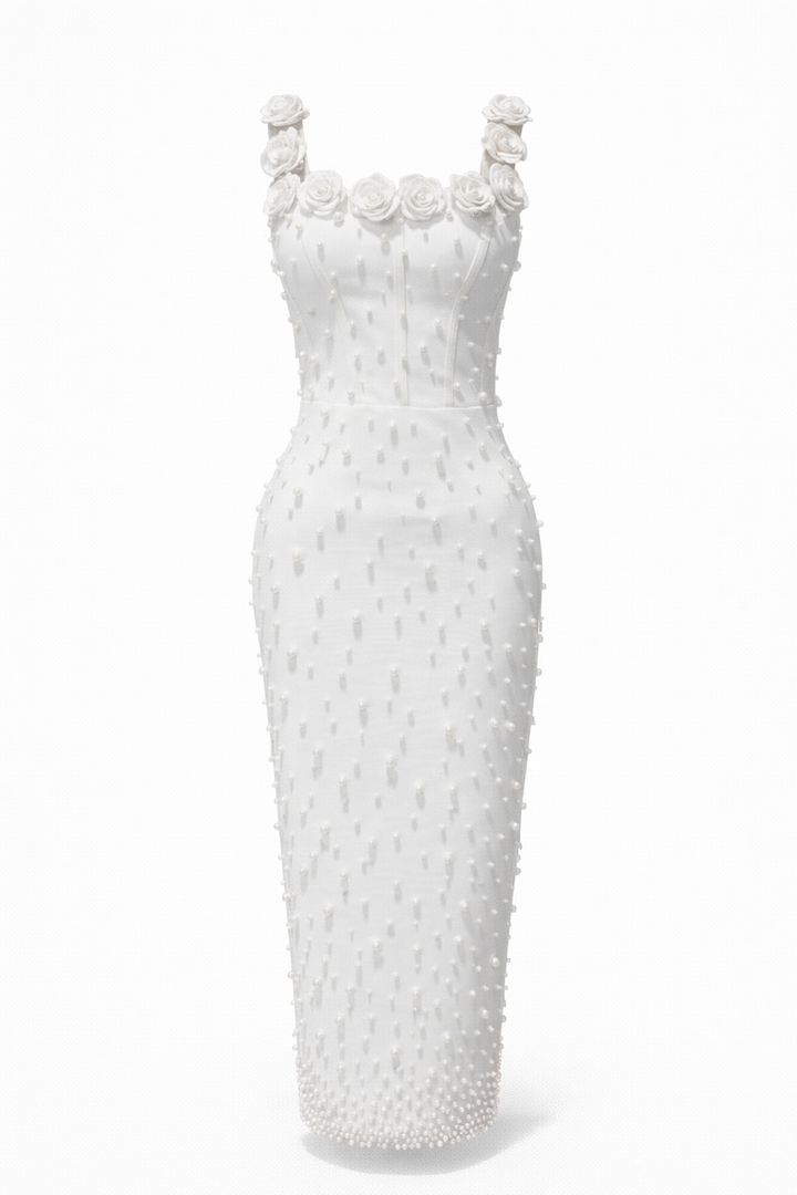 sleeveless fitted midi dress with pearl embellishments and floral straps – PEARL
