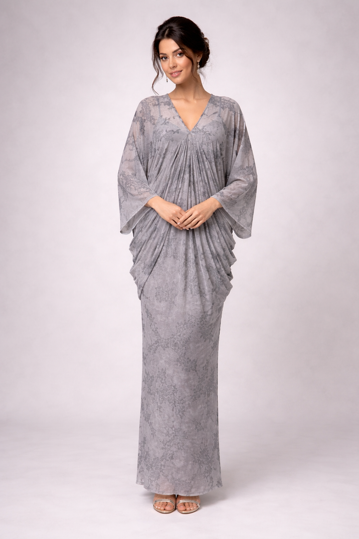draped batwing sleeve midi dress with floral mesh overlay – MIST