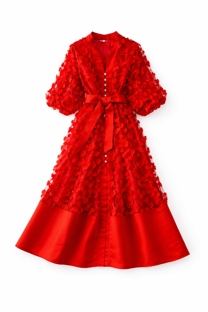 floral lace midi dress with satin hem and waist bow – ODD- BODY