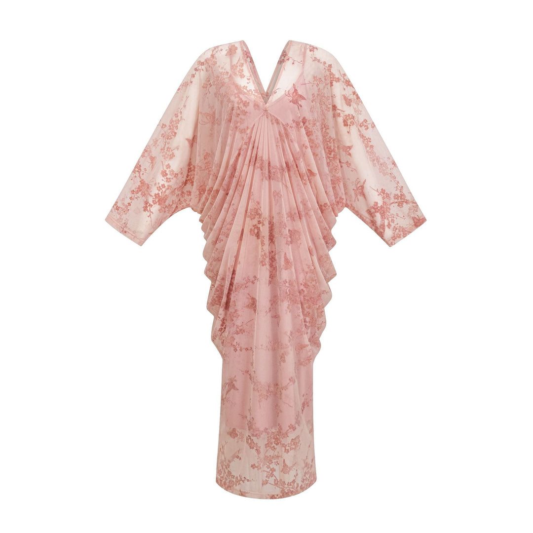 draped batwing sleeve midi dress with floral mesh overlay – MIST