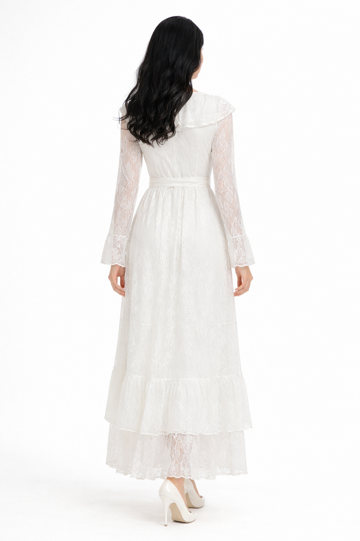lace midi dress with ruffle neckline and waist tie – RUBY