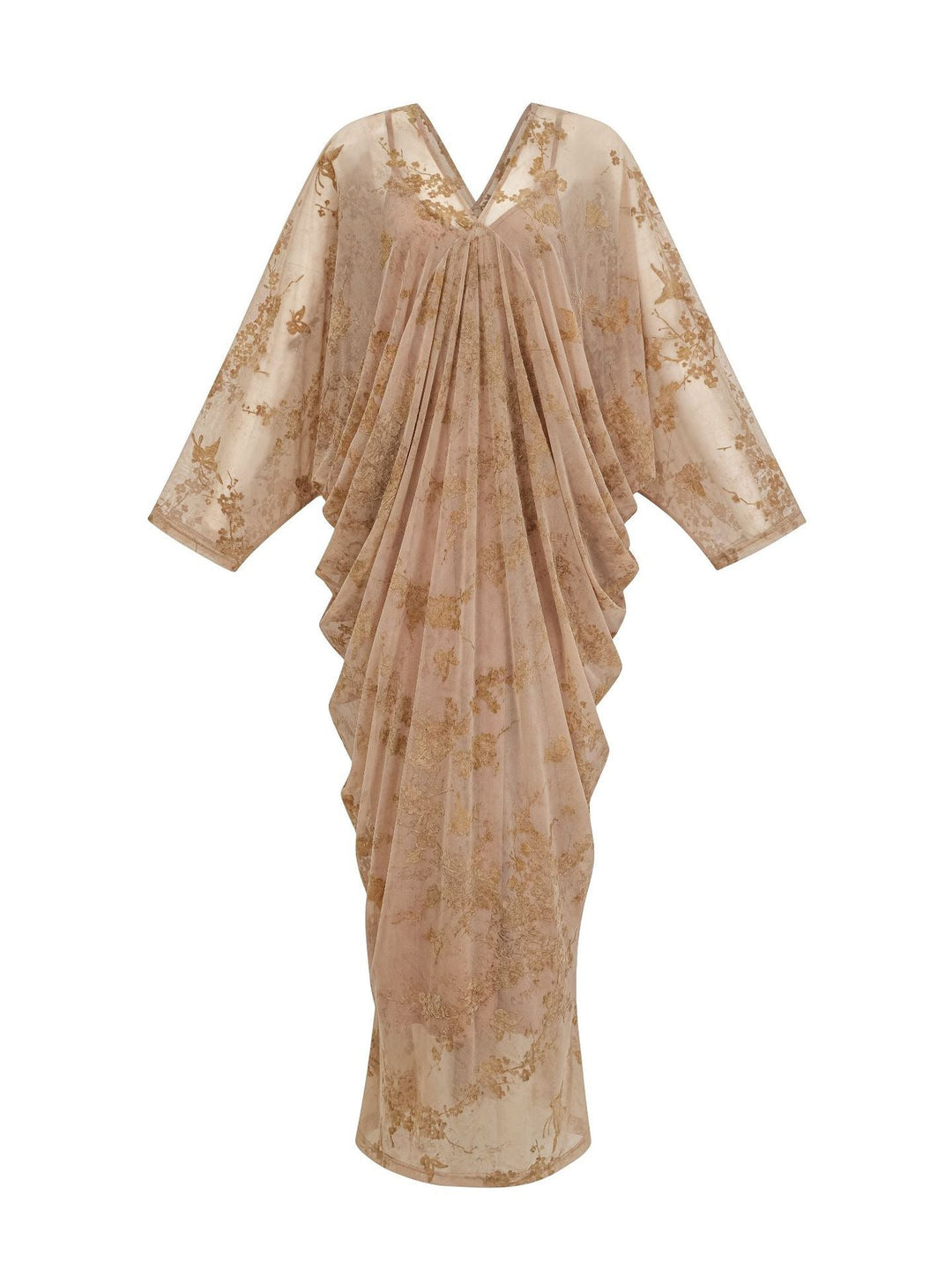 draped batwing sleeve midi dress with floral mesh overlay – MIST