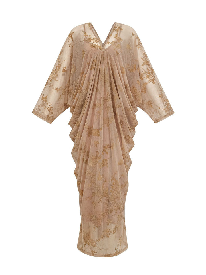 draped batwing sleeve midi dress with floral mesh overlay – MIST
