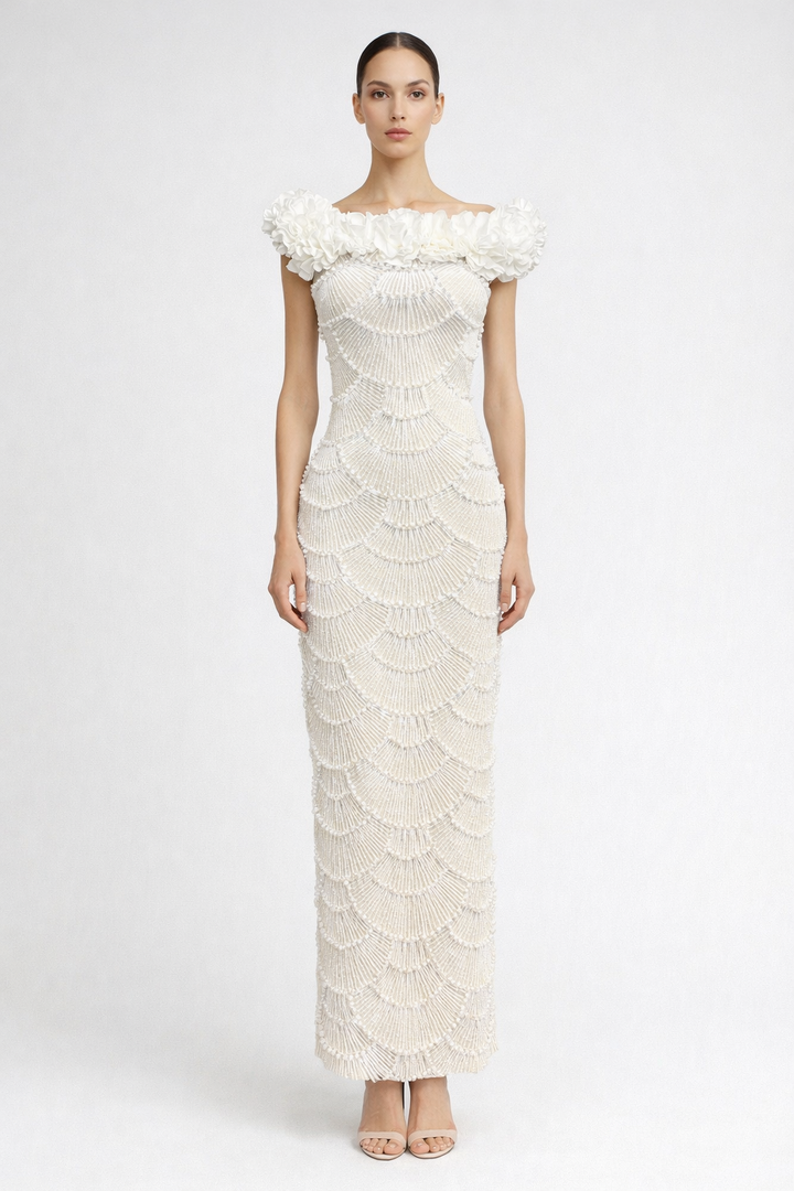 off-shoulder fitted maxi dress with pearl scallop embellishments and floral neckline – IVORY
