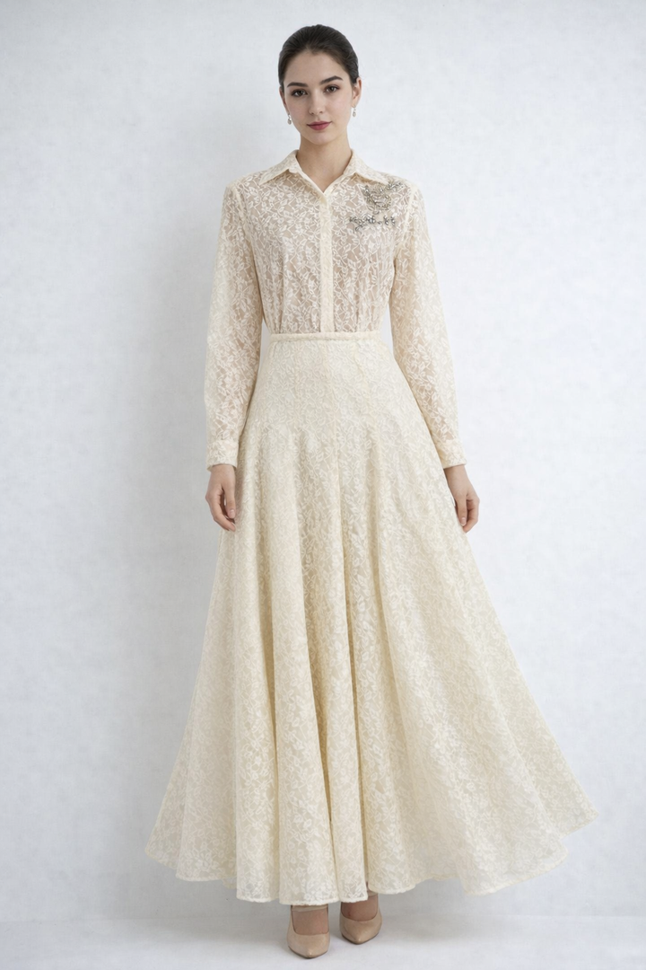 lace long sleeve shirt dress with waist tie – IVORY