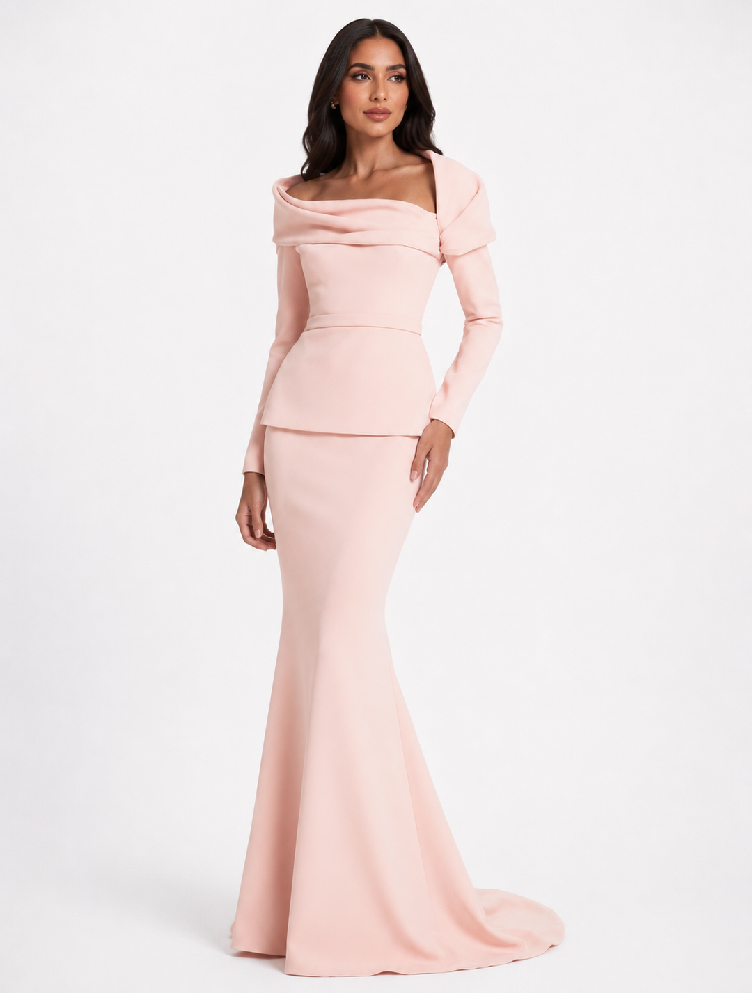 off-shoulder draped gown with peplum waist – SERENL